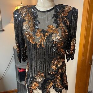 True Vintage Elegant Black and Gold Sequin Women's Blouse